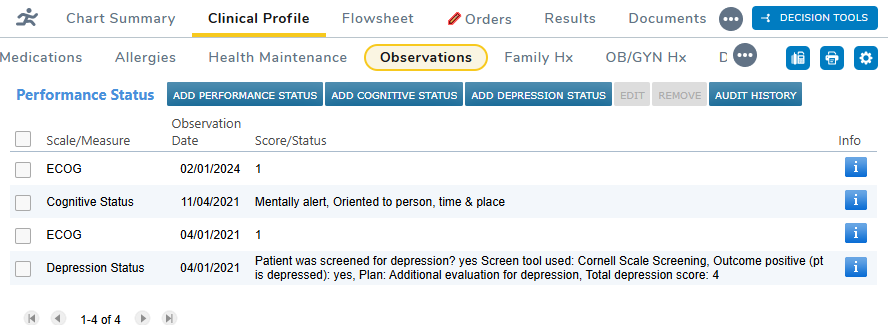 The Performance Status list under Clinical Profile Observations - click to enlarge The Performance Status list under Clinical Profile Observations