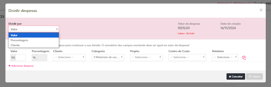imagem do menu dividir despesas com a opção mostrando alternativas como valor, porcentagem e cliente