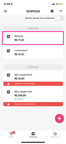 imagem do aplicativo com dados exemplos de despesa