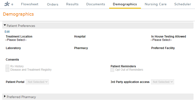 The Demographics chart tab with the Patient Preferences section opened - click to enlarge The Demographics chart tab with the Patient Preferences section opened
