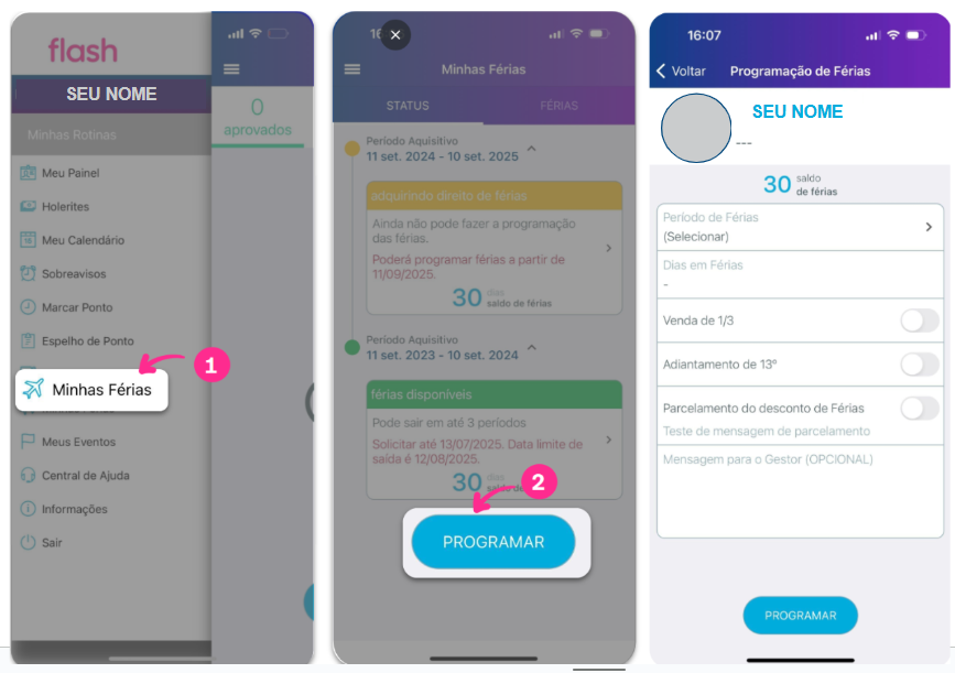 Lançamento de eventos Folha Flash. Via computador, solicitação de férias.