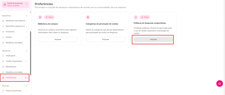 Imagem mostra o passo a passo na plataforma flashos para habilitar a política de saque em despesas corporativas.
