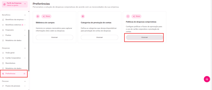 Imagem mostra o passo a passo na plataforma flashos para habilitar a política de saque em despesas corporativas.