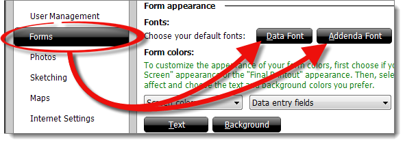 Choose default data and addenda fonts