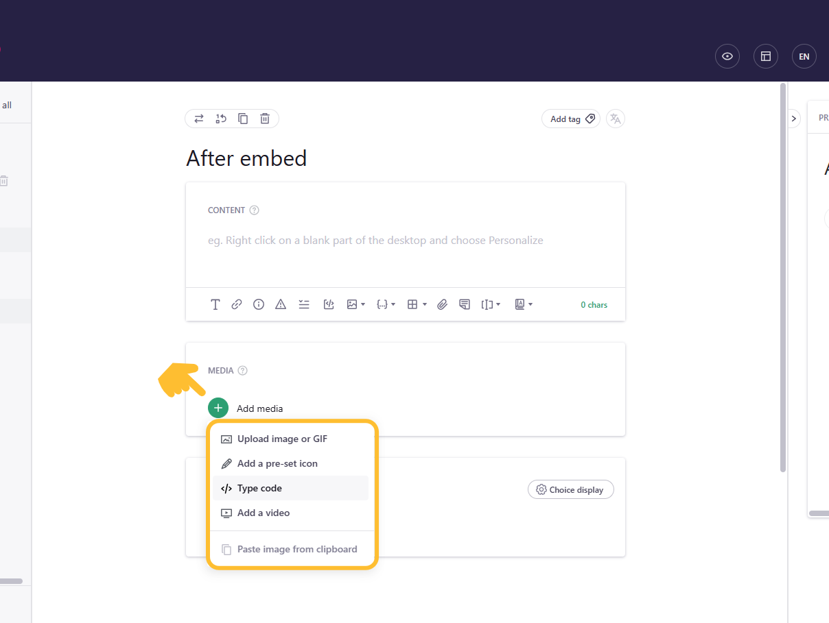 Add media menu open in the guide editor. - click to enlarge Add media menu open in the guide editor.
