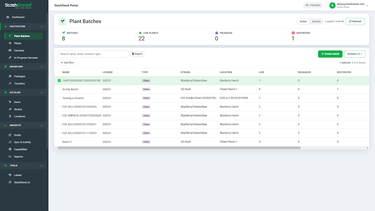Plant Batches grid with a batch selected - click to enlarge Plant Batches grid with a batch selected