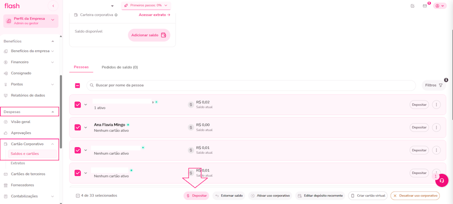 Imagem da plataforma para depositar saldo corporativo