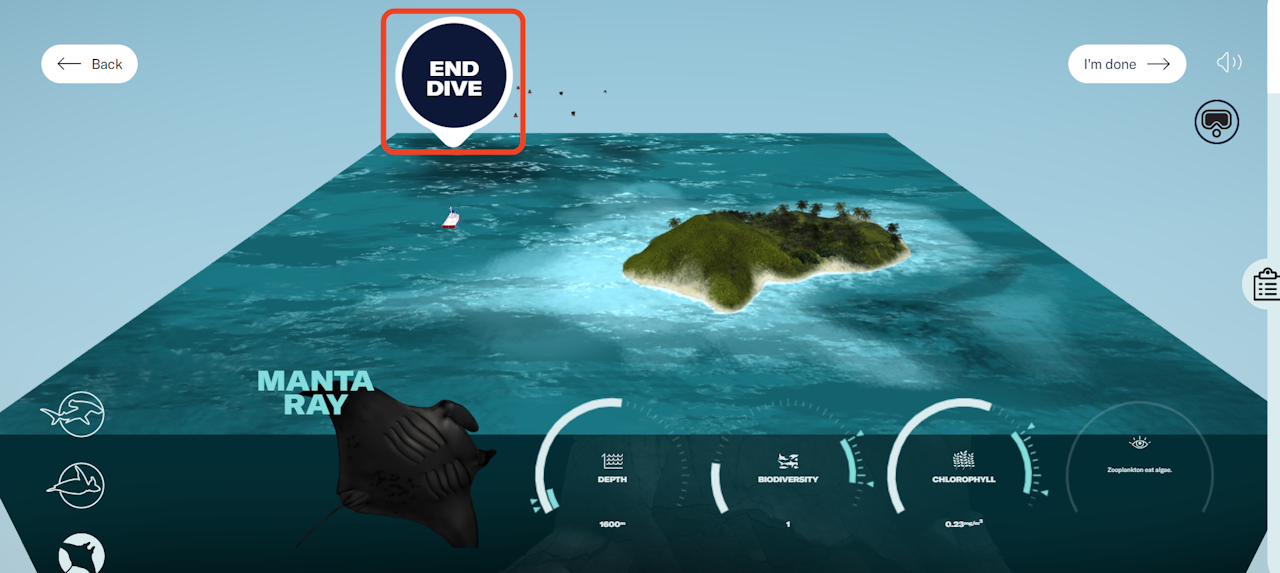The experience’s map and information panel. At the far left corner of the map is a “End Dive” button. The button is highlighted. - click to enlarge The experience’s map and information panel. At the far left corner of the map is a “End Dive” button. The button is highlighted.
