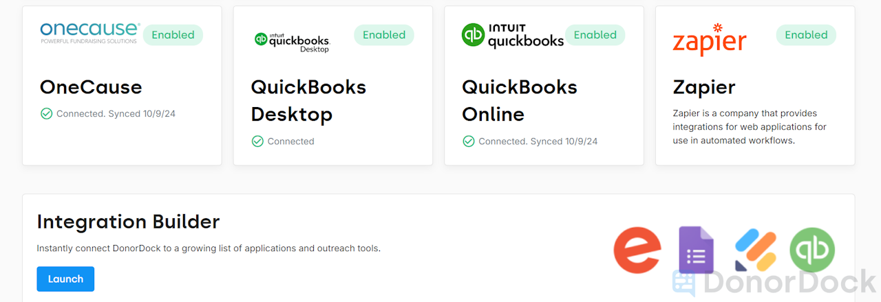Integrations page with tile options for QBD, QBO, and the Integration Builder - click to enlarge Integrations page with tile options for QBD, QBO, and the Integration Builder