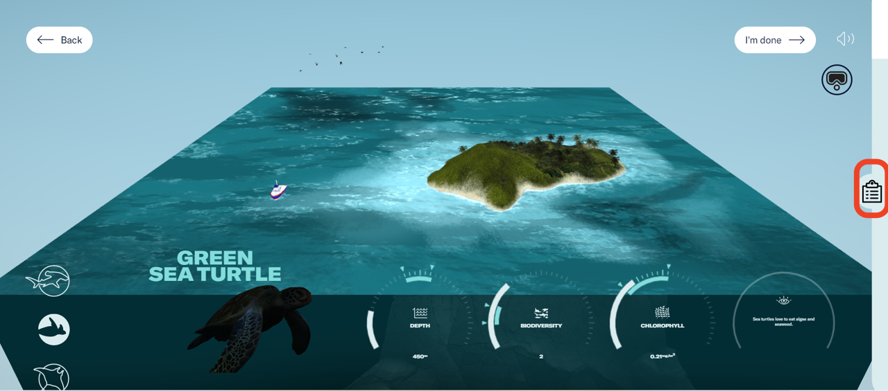 The experience’s map and information panel. A clipboard icon is on the right side. The icon is highlighted. - click to enlarge The experience’s map and information panel. A clipboard icon is on the right side. The icon is highlighted.