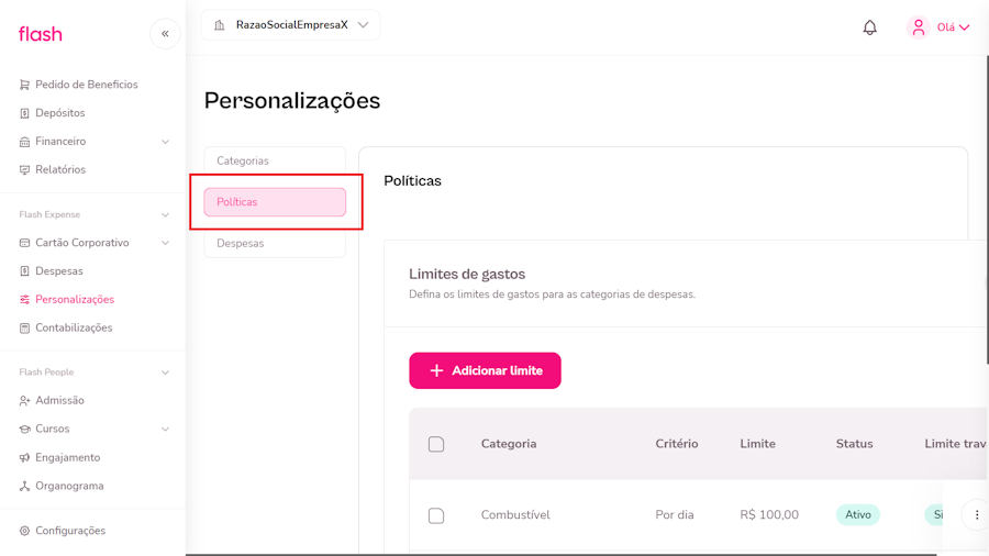 imagem da plataforma com foco no menu políticas