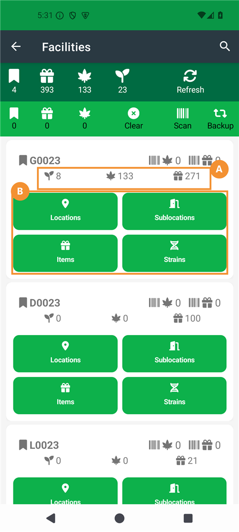 Facilities page with callouts: license counts (a) and the four catalog buttons (b) - click to enlarge Facilities page with callouts: license counts (a) and the four catalog buttons (b)