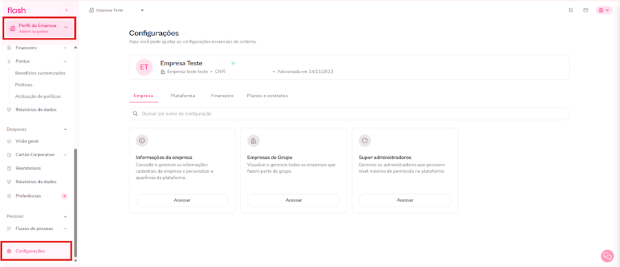 Imagem mostra o passo a passo para acessar a aba Configurações na plataforma