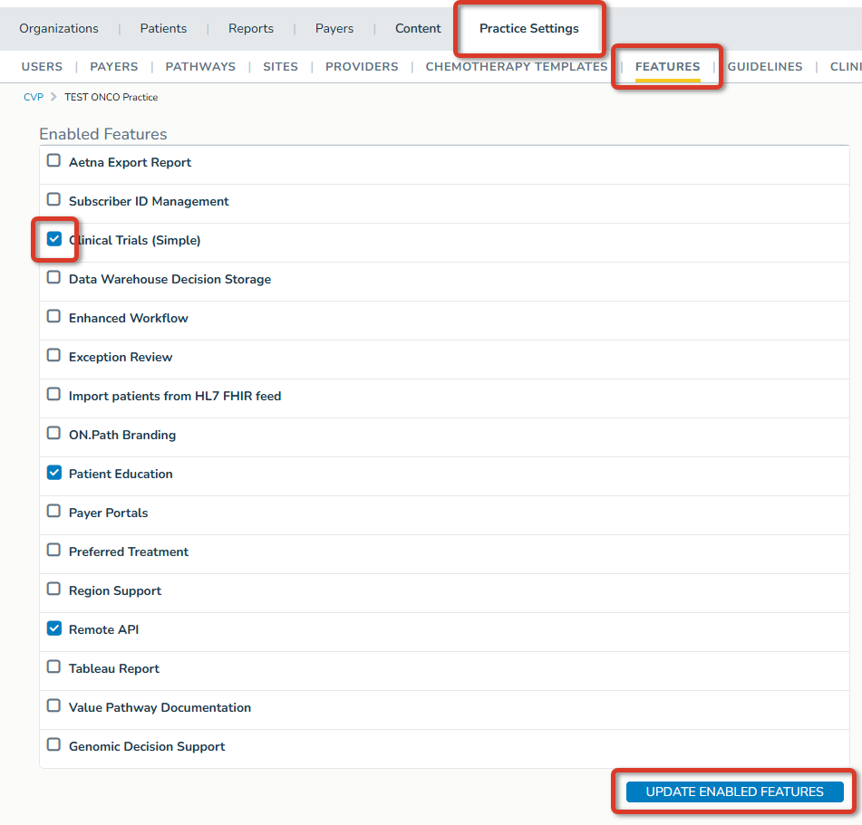 The CVP Features page with highlights around the Practice Settings tab, the Features tab, a Feature checkbox, and the Update Enabled Features button - click to enlarge The CVP Features page with highlights around the Practice Settings tab, the Features tab, a Feature checkbox, and the Update Enabled Features button