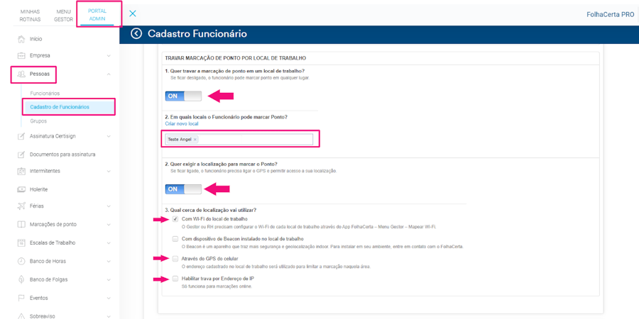 imagem da plataforma com destaque para a opção de trava de localização de marcação de ponto.