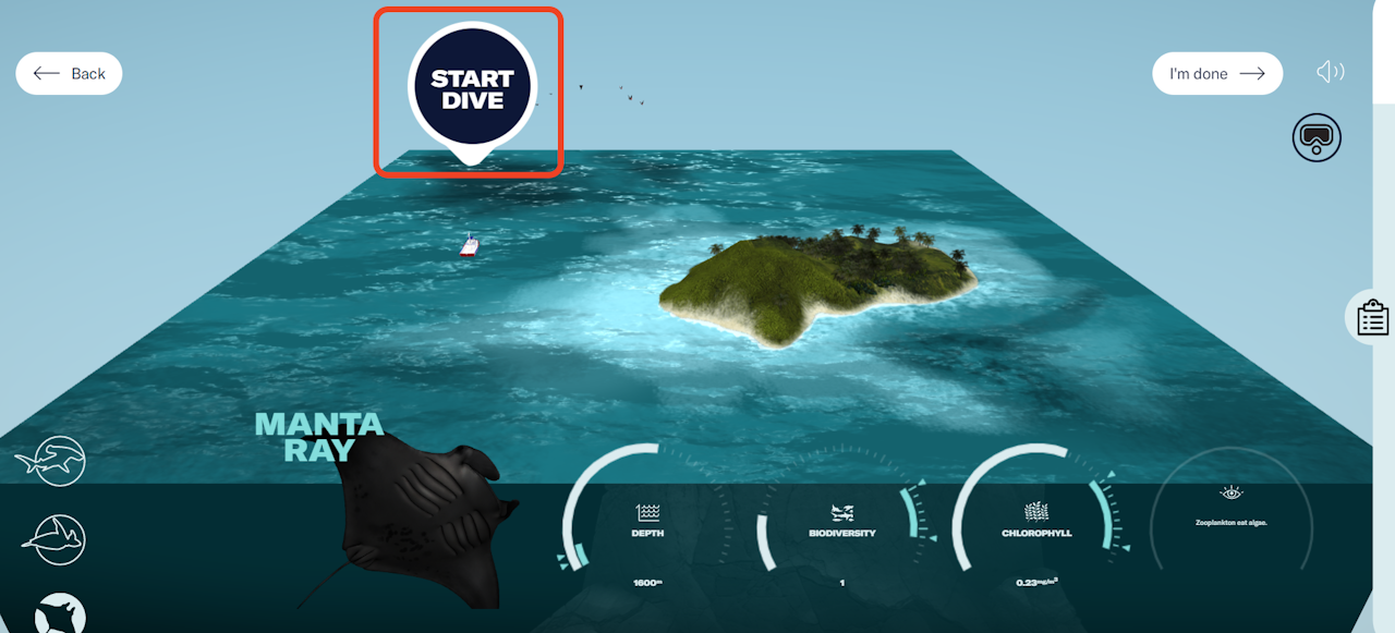 The experience’s map and information panel. At the far left corner of the map is a “Start Dive” button. The button is highlighted. - click to enlarge The experience’s map and information panel. At the far left corner of the map is a “Start Dive” button. The button is highlighted.