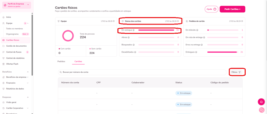 imagem exemplo com destaque para informação de estoque de cartões.
