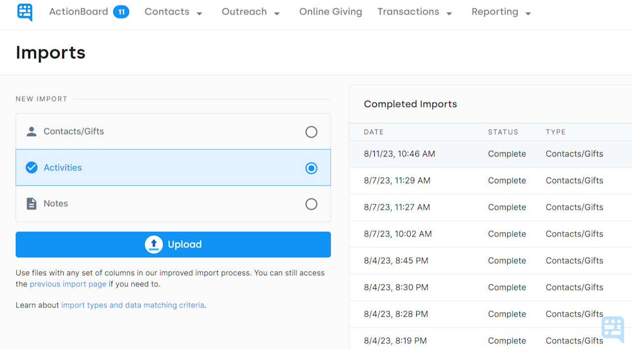 IMPORT PAGE SHOWING ACTIVITY IMPORT TYPE SELECTED - click to enlarge IMPORT PAGE SHOWING ACTIVITY IMPORT TYPE SELECTED