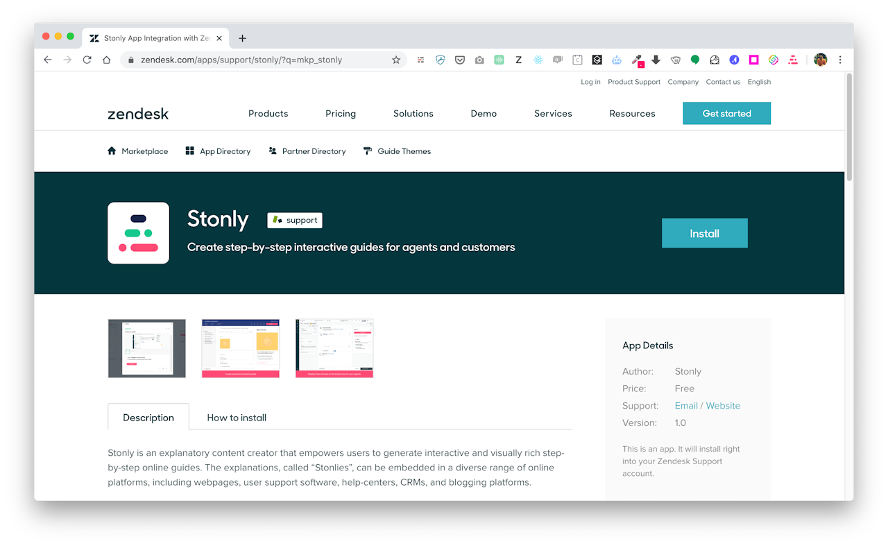 Stonly app in the Zendesk marketplace - click to enlarge Stonly app in the Zendesk marketplace