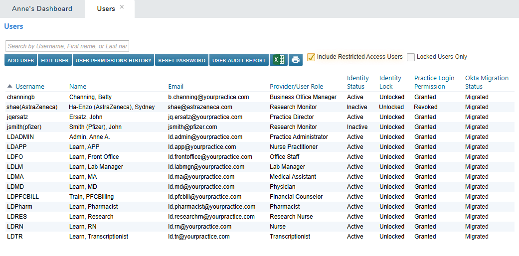 The Users list with the Include Restricted Access Users filter enabled - click to enlarge The Users list with the Include Restricted Access Users filter enabled