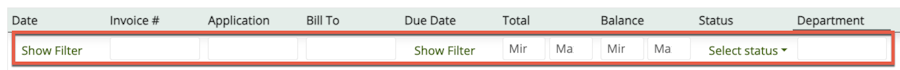 Shows the Invoice table headers and the filters options for each column as described in the bullets below.