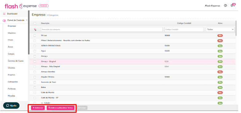 imagem com destaque para os botões de adicionar categorias