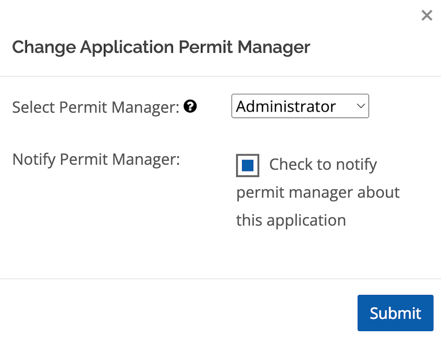 Shows the Change Permit Manager screen with the option to select a new Permit Manager.