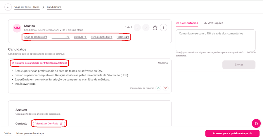Imagem com destaque para as opções de dados do candidato.