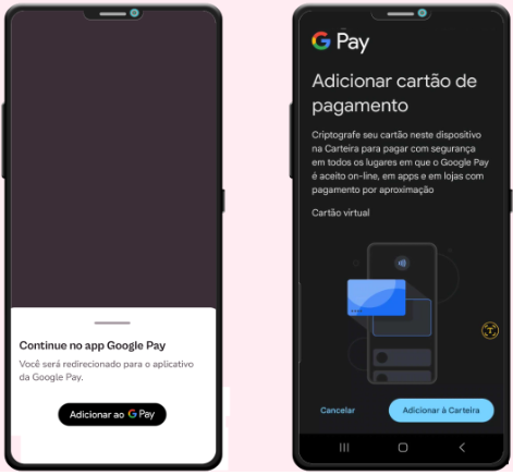 imagem exemplo da tela seguinte para Google pay e o campo de seleção do cartão de pagamento.