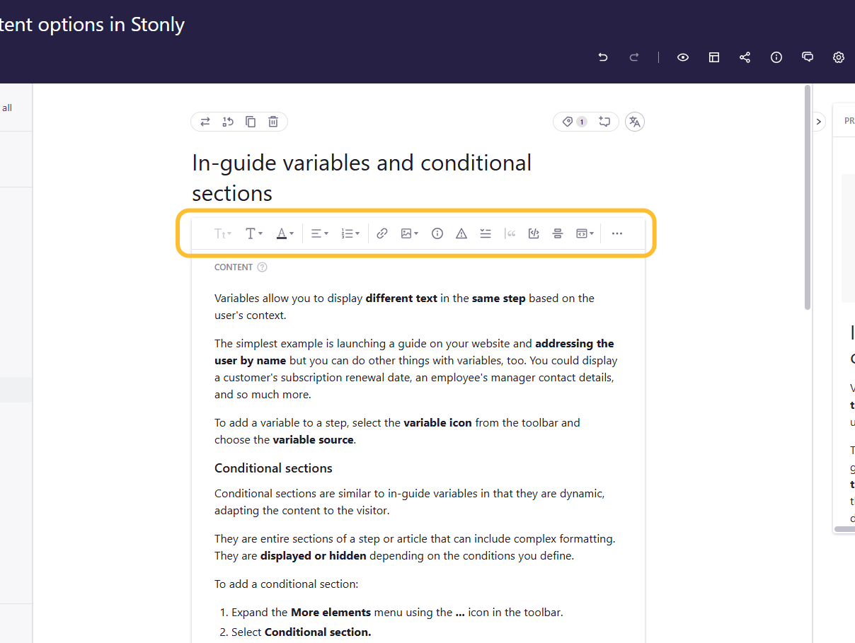Content block of the guide editor with the formatting toolbar highlighted - cliquez pour agrandir Content block of the guide editor with the formatting toolbar highlighted