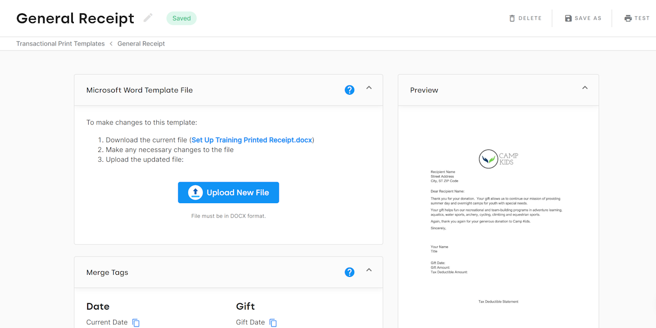 WORD TEMPLATE PAGE WITH PREVIEW PANEL OF TEMPLATE ON THE RIGHT, UPLOAD BUTTON IN THE TOP LEFT, AND MERGE TAGS AVAILABLE IN THE BOTTOM LEFT. - click to enlarge WORD TEMPLATE PAGE WITH PREVIEW PANEL OF TEMPLATE ON THE RIGHT, UPLOAD BUTTON IN THE TOP LEFT, AND MERGE TAGS AVAILABLE IN THE BOTTOM LEFT.
