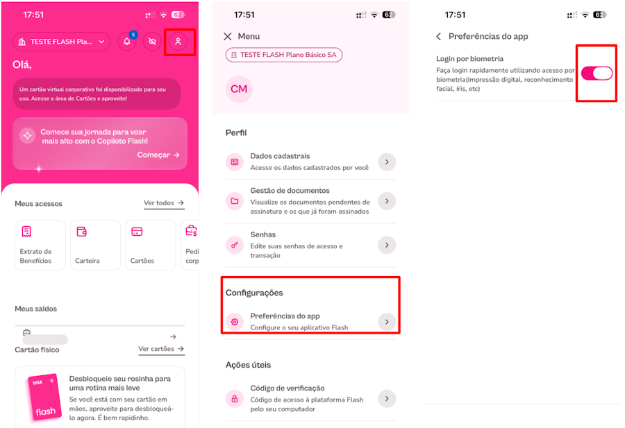 Imagem mostra passo a passo de como ativar a biometria no aplicativo da flash