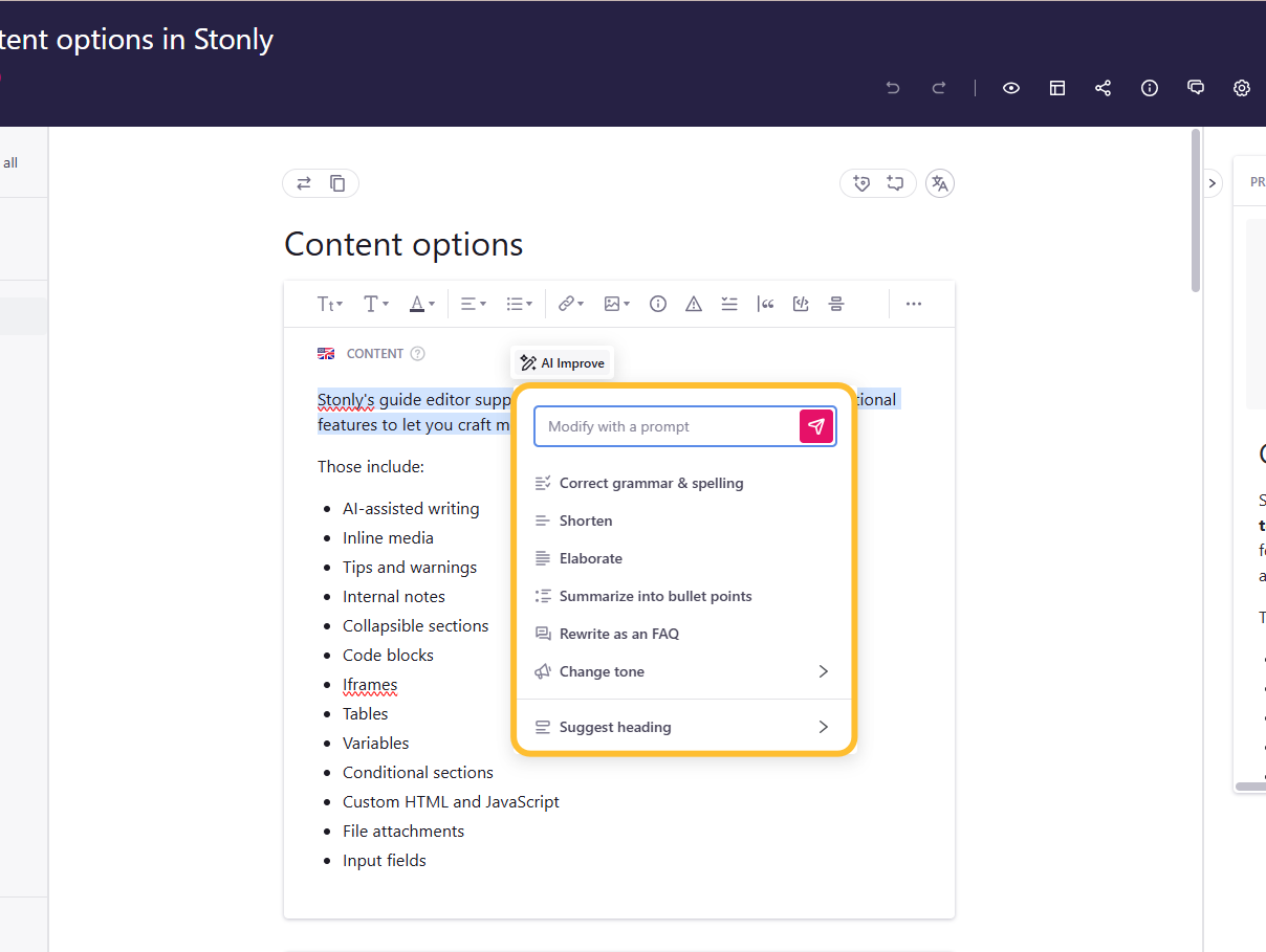 AI writing assistant open in the guide editor. - click to enlarge AI writing assistant open in the guide editor.