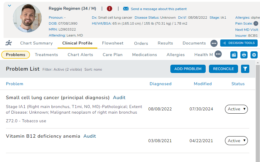 The Problem List under the Clinical Profile tab - click to enlarge The Problem List under the Clinical Profile tab