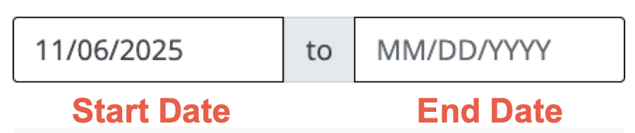 Shows the date range fields with the first field labeled "Start Date" and the second field labeled "End Date".