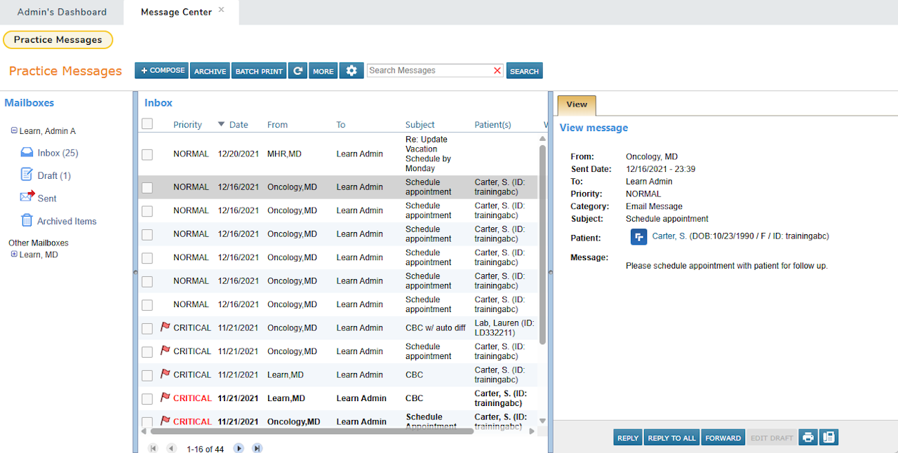 The Practice Messages tab in the Message Center - click to enlarge The Practice Messages tab in the Message Center