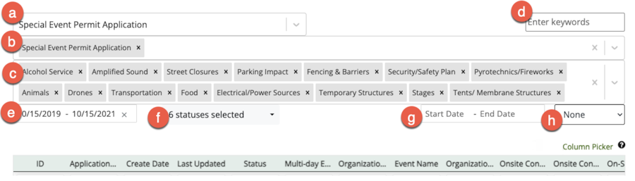 Application report filters labelled A to H with the text below describing each of the labels.