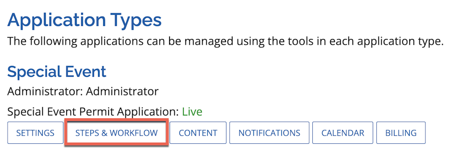 Image showing the Special Event Permit type configuration options with Notifications highlighted
