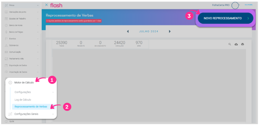 Gerenciar espelho de ponto da equipe Folha Flash. Etapa de reprocessamento