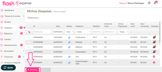 Imagem na sessão de minhas despesas e foco em adicionar.