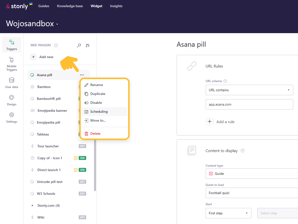 Trigger dropdown menu open, - click to enlarge Trigger dropdown menu open,