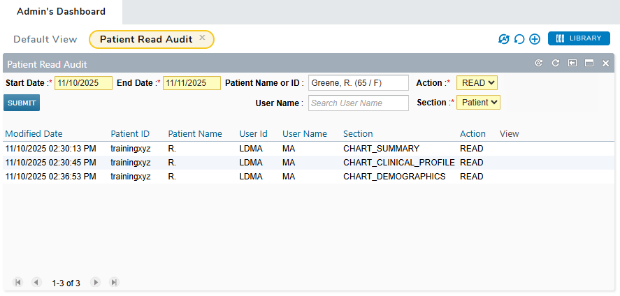 The Patient Read Audit dashboard widget on a custom dashboard - click to enlarge The Patient Read Audit dashboard widget on a custom dashboard