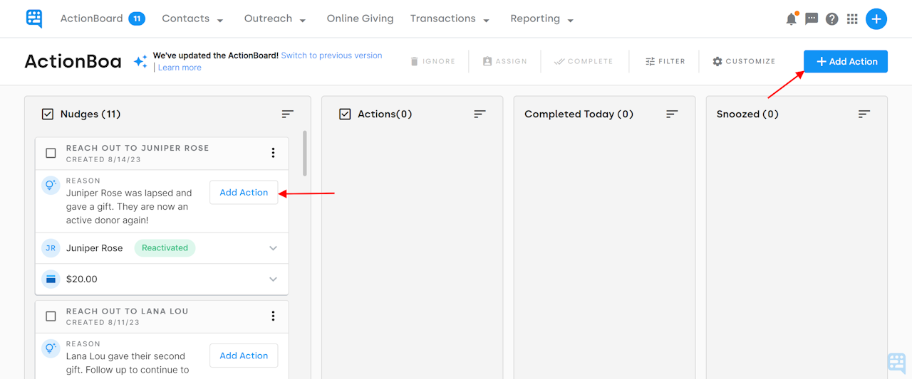 ACTION BOARD WITH ARROWS POINTING TO THE ADD ACTION BUTTON AT THE TOP OF THE PAGE AND ADD ACTION BUTTON ON A NUDGE CARD - click to enlarge ACTION BOARD WITH ARROWS POINTING TO THE ADD ACTION BUTTON AT THE TOP OF THE PAGE AND ADD ACTION BUTTON ON A NUDGE CARD