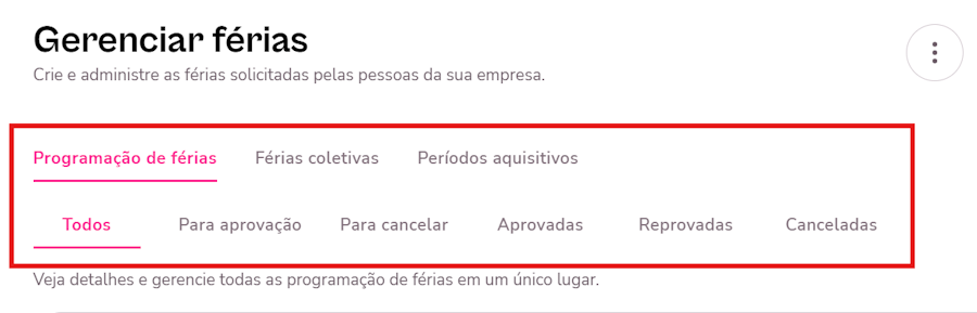imagem exemplo com destaque para o menu de gerenciar férias