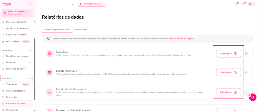 imagem da plataforma da tela de relatórios de dados