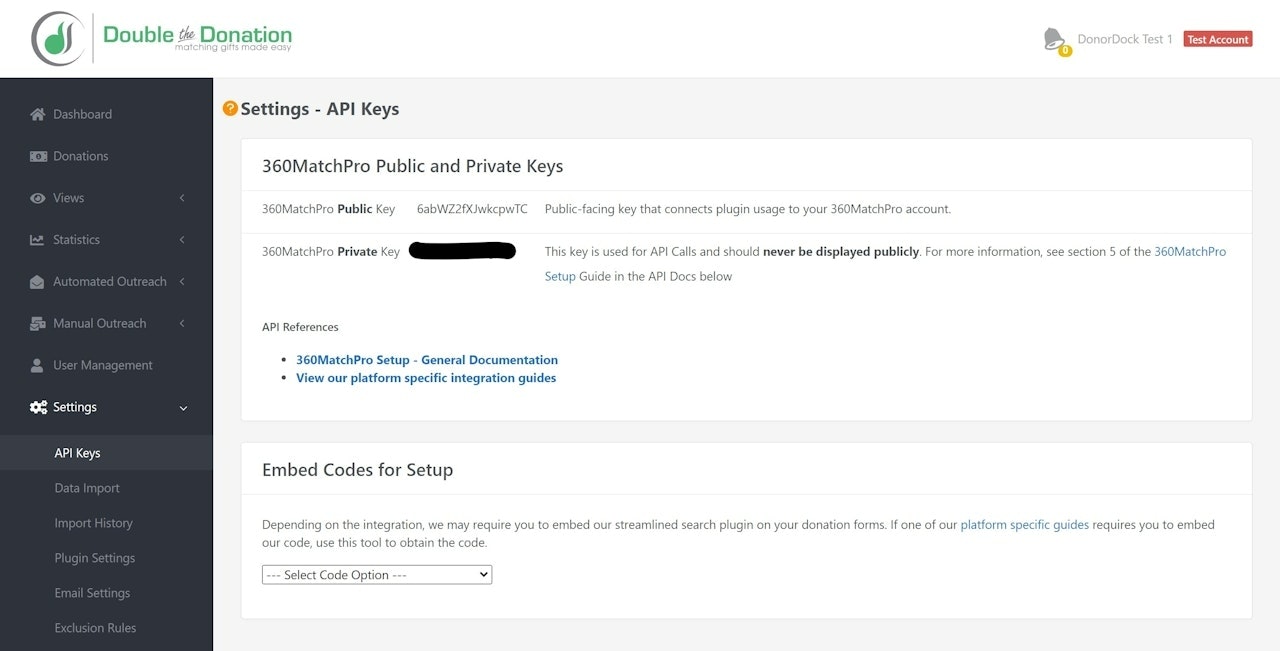 API Key page in Double The Donation - click to enlarge API Key page in Double The Donation