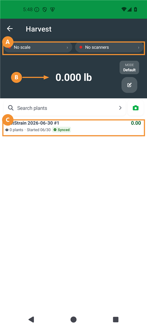 Harvest tab with callouts: device pills (a), live weight (b), and a session row with sync badge (c) - click to enlarge Harvest tab with callouts: device pills (a), live weight (b), and a session row with sync badge (c)