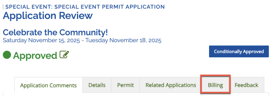 Image of the top row of tabs for an application, with the Billing tab highlighted.