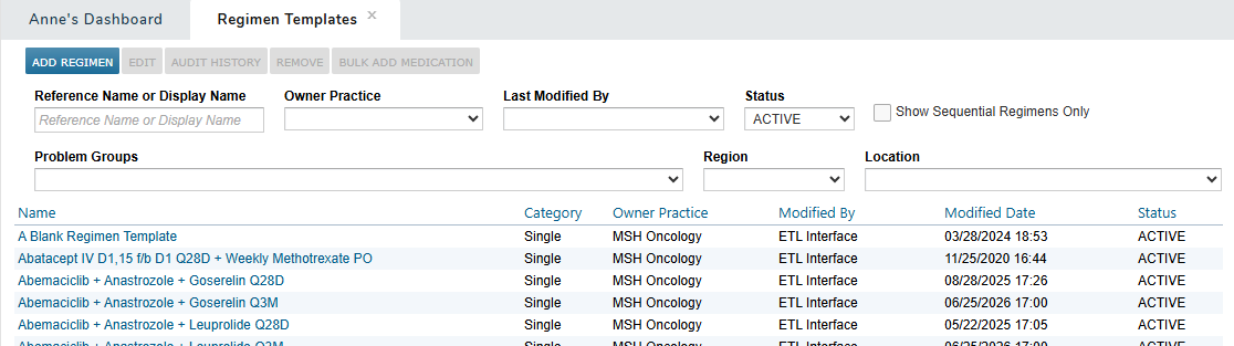 The Regimen Templates tab - click to enlarge The Regimen Templates tab