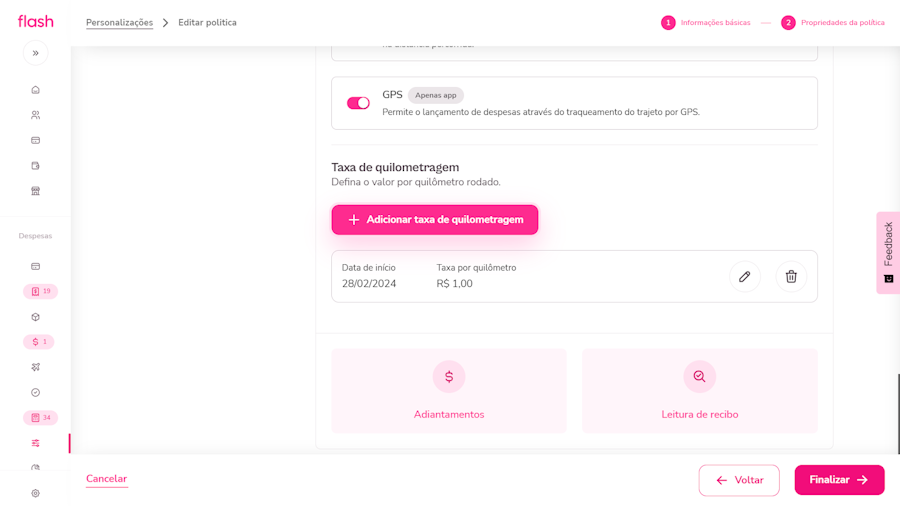 Configurar politica de despesas. Tela para cadastrar a taxa que será utilizada para reembolso de quilometragem clicando em “Adicionar taxa de quilometragem”